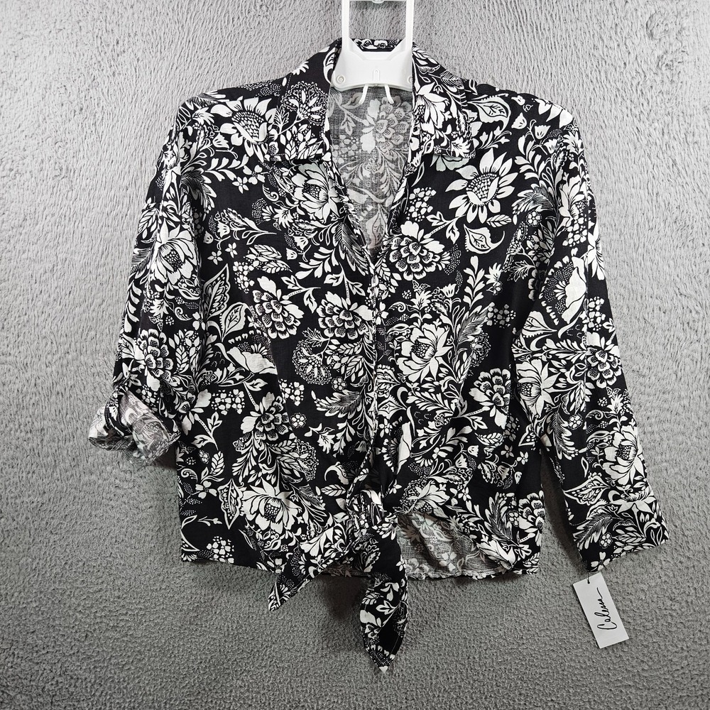 NEW Calessa Shirt Top Women Medium‎ Tie Front Floral Print Button Up Black White